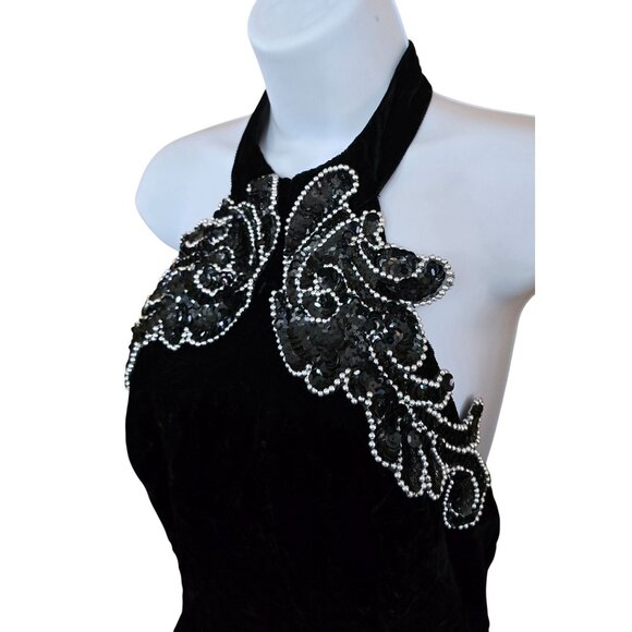 Vintage Black Velvet Halter Dress W/ Bead Sequin Detail whimsygoth elegant glam - Picture 7 of 14